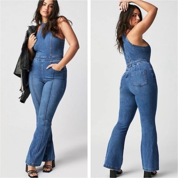 Free People We The Free CRVY Sydney Denim High Neck Jumpsuit Size 2 NWT - Picture 1 of 10